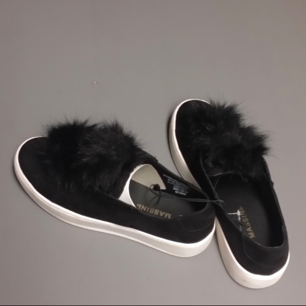 Black & White Dbl Pom Pom Women's Slip On Sneaker